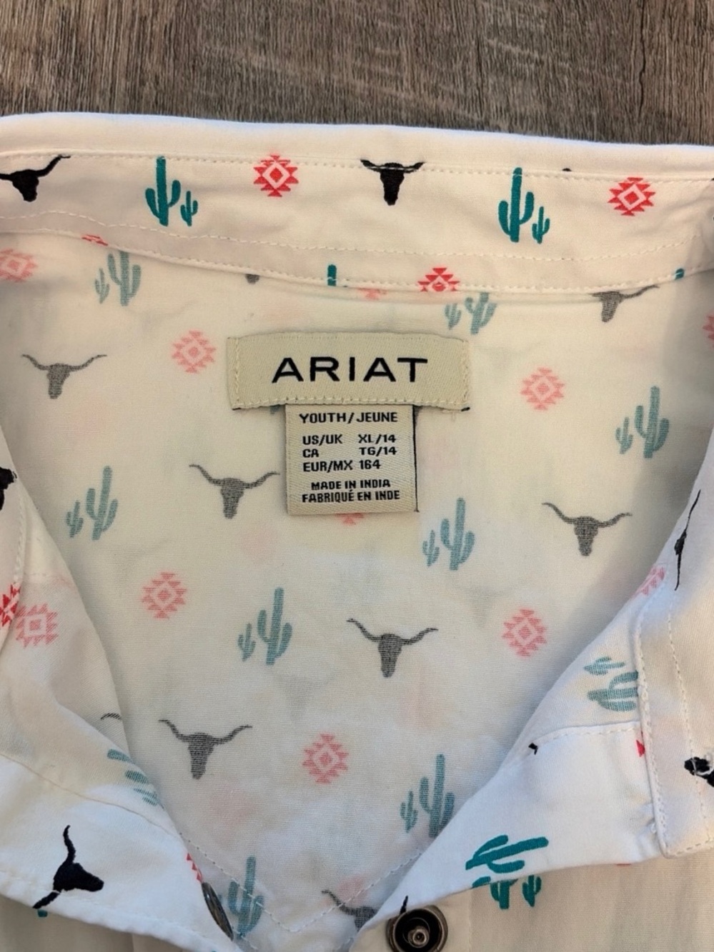 Ariat White Button-Up Shirt with Teal Cactus & Coral Accents. YOUTH XL